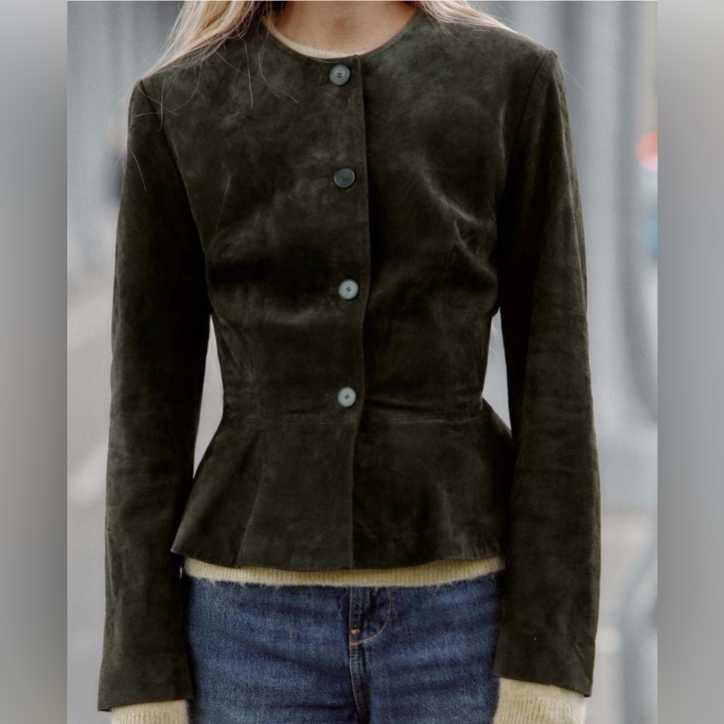 Nwt Zara Pig Leather Suede Jacket Khaki Dark Green Small 6318/232 Flared Peplum